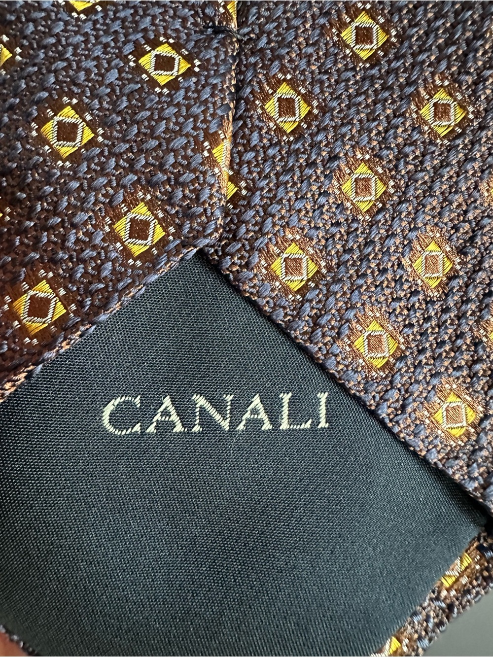Canali Brown Tie with Gold Geometric Motif